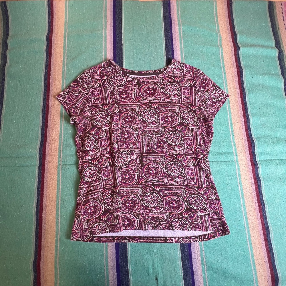 Medallion Print Top Womens M Purple Pink Cotton Short Sleeve Casual